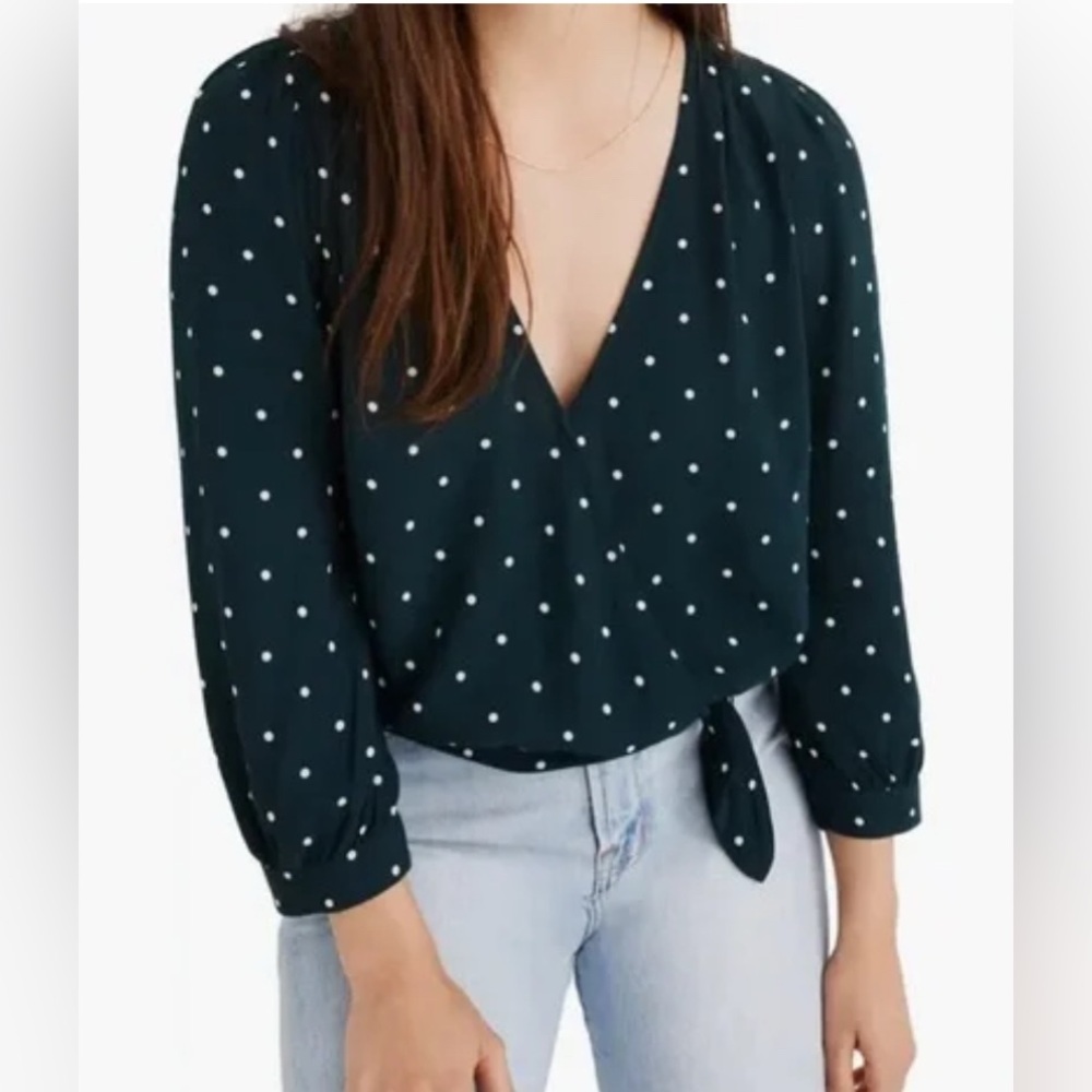 Madwell Green and Cream Polka Dot Wrap Blouse Women's Size S